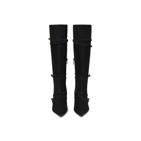 真美诗2025年冬季新款贵气感金属小扣羊皮革尖头高跟靴61651DC5