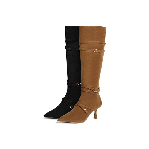 真美诗2025年冬季新款贵气感金属小扣羊皮革尖头高跟靴61651DC5