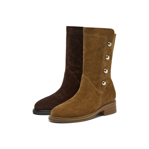 真美诗2025年冬季新款时髦帅气金属钉珠牛皮革气质时装靴R7106DS5