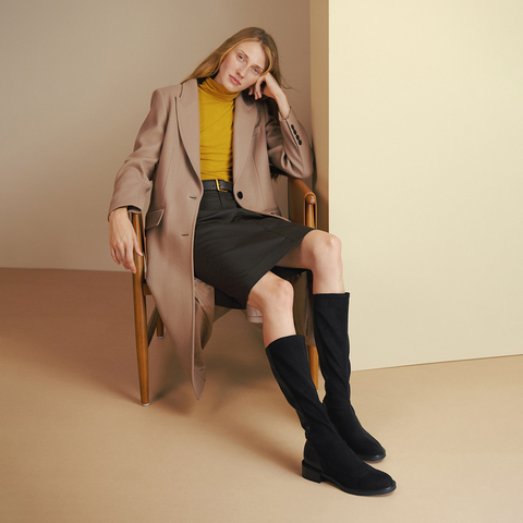 真美诗2025年冬季新款舒适软糯飒爽羊皮革纯色骑士靴YUJ62DG5