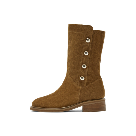 真美诗2025年冬季新款时髦帅气金属钉珠牛皮革气质时装靴R7106DS5