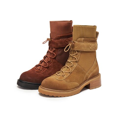 真美诗2025年冬季新款多材质拼接飒爽帅气工装靴88913DZ5