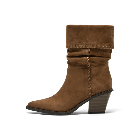 真美诗2025年冬季新款自由松弛飒爽翻领羊皮革堆堆西部靴YZG24DZ5