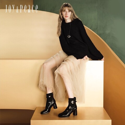 真美诗2025冬季新款商场同款古铜桃心扣高跟袜靴75Z03DD5