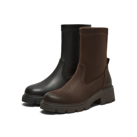 真美诗2025年冬季新款复古知性时髦百搭纯色弹力靴1783ADZ5