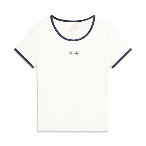 LI-NING李宁2025女子短袖文化衫针织无领短TAHSV466-4