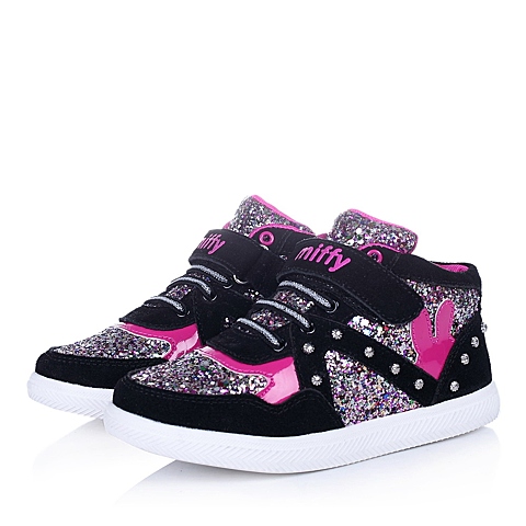 MIFFY/米菲童鞋2015秋季新品黑色反毛皮/PU女小中童休闲鞋板鞋DM0429