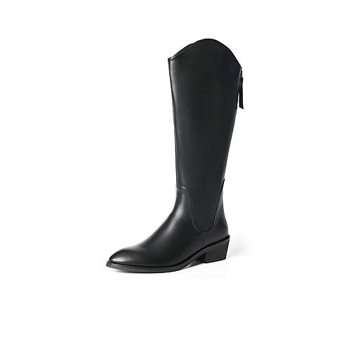 森达2021冬季新款V口尖头西部骑士靴子粗跟高筒女长筒靴Z0714DG1