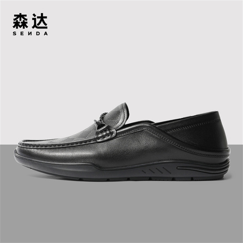 森达简约休闲皮鞋男2023夏季新款商场同款舒适一脚蹬豆豆鞋1HA01BM3