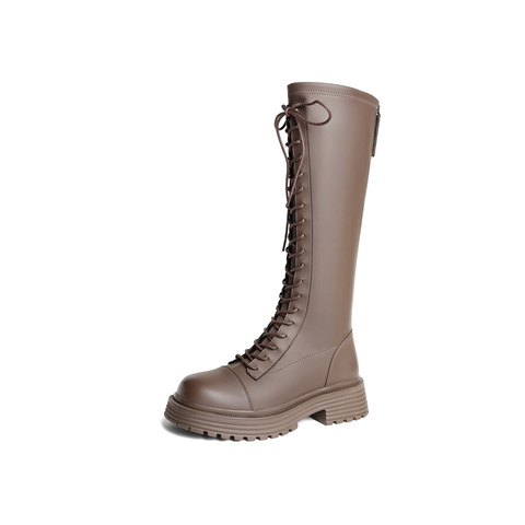 森达复古弹力靴女2023冬季新款商场同款绑带休闲长筒靴SWF01DG3