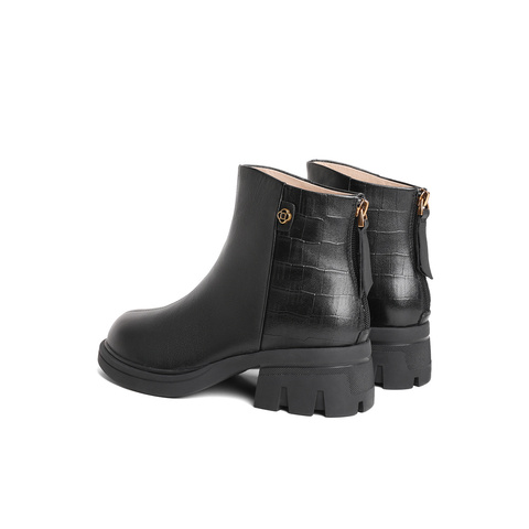 森达气质短靴女2023冬新商场同款石头纹粗跟后拉链时装靴4QN40DD3