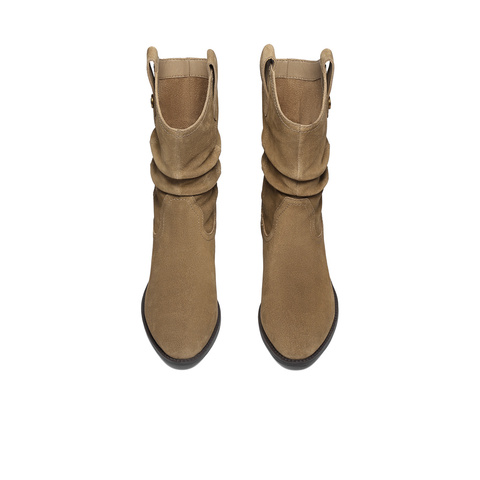 森达西部靴女2025冬新商场同款粗跟烟筒皱皱中筒靴4QH60DZ5