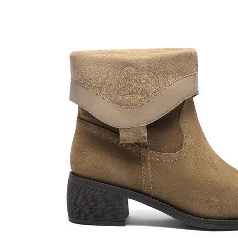 森达西部靴女2025冬新商场同款粗跟烟筒皱皱中筒靴4QH60DZ5