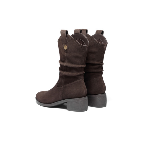 森达西部靴女2025冬新商场同款粗跟烟筒皱皱中筒靴4QH60DZ5