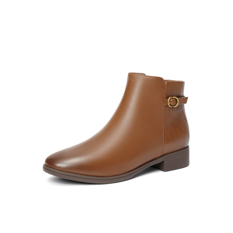 森达休闲靴女2025冬季新款商场同款百搭粗跟短皮鞋4T6B5DD5