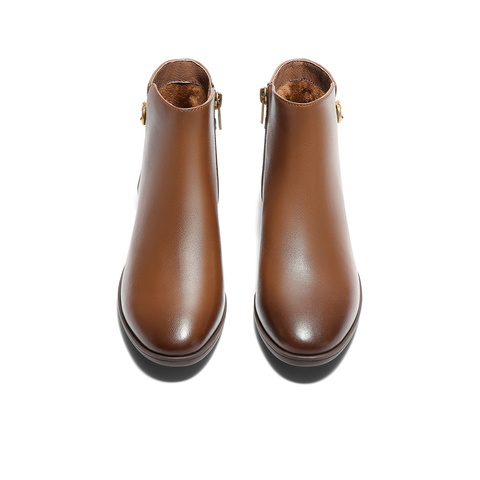 森达休闲靴女2025冬季新款商场同款百搭粗跟短皮鞋4T6B5DD5