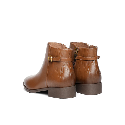 森达休闲靴女2025冬季新款商场同款百搭粗跟短皮鞋4T6B5DD5