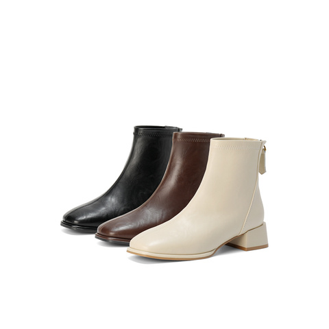 森达弹力靴女2025冬季新款气质方头粗跟休闲短靴ZTI17DD5