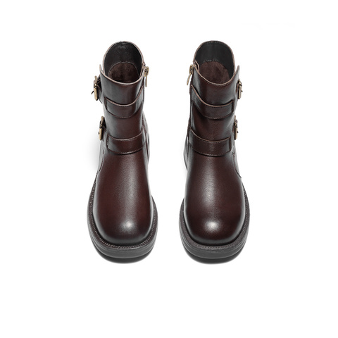 森达西部靴女2025冬新商场同款皮带扣机车风中筒靴XTP01DZ5