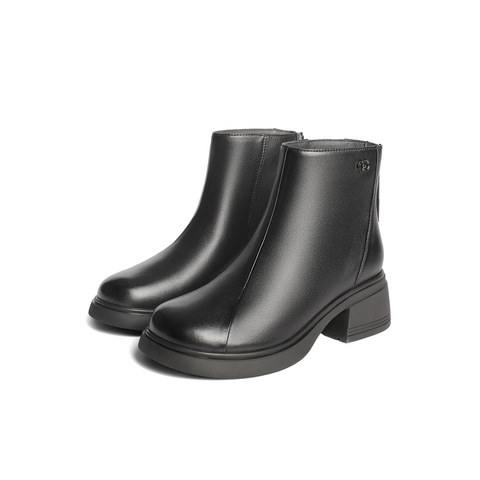 森达休闲靴女2025冬季新款商场同款百搭粗跟短皮鞋XRM01DD5