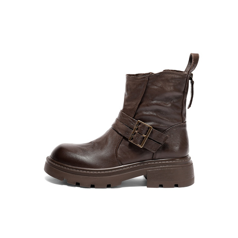 森达时装靴女2025冬新商场同款抓纹皮带扣潮流中筒靴XTJ01DZ5