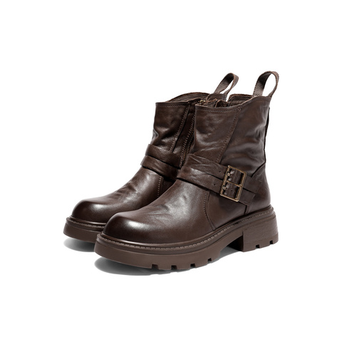 森达时装靴女2025冬新商场同款抓纹皮带扣潮流中筒靴XTJ01DZ5