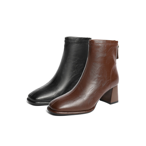 森达弹力靴女2025冬季新款商场同款时尚粗高跟短靴XRR01DD5