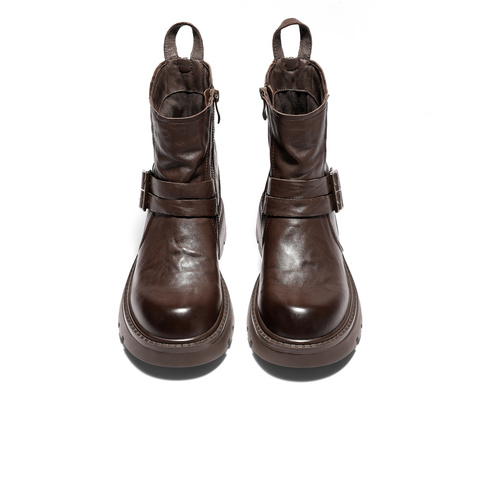 森达时装靴女2025冬新商场同款抓纹皮带扣潮流中筒靴XTJ01DZ5