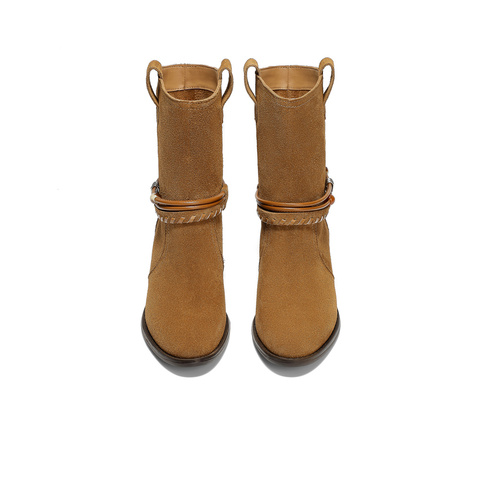 森达西部靴女2025冬新商场同款粗跟休闲骑士中筒靴XVW01DZ5