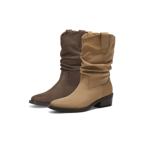 森达西部靴女2025年冬新潮流粗跟休闲堆堆靴长筒靴ZTI62DG5