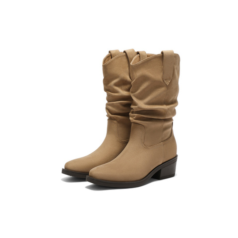 森达西部靴女2025年冬新潮流粗跟休闲堆堆靴长筒靴ZTI62DG5