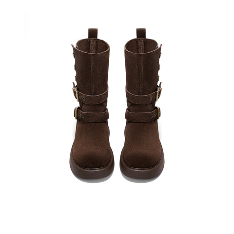 森达西部靴女2025冬新商场同款欧美皮带扣中筒靴XVV01DZ5