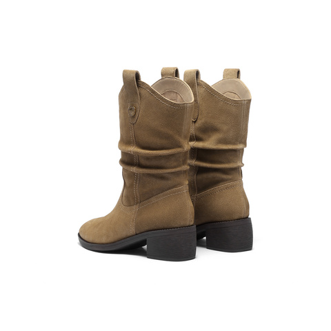 森达西部靴女2025冬新商场同款粗跟皱皱烟筒中筒靴4QH60DZ5