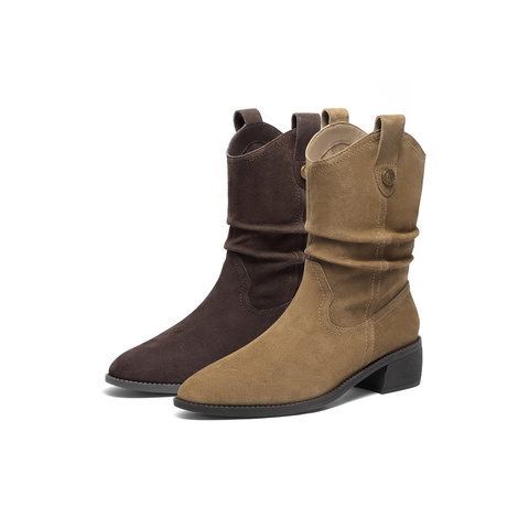 森达西部靴女2025冬新商场同款粗跟皱皱烟筒中筒靴4QH60DZ5