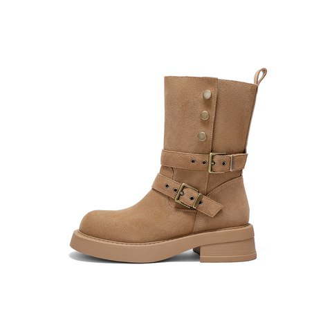 森达西部靴女2025冬新商场同款欧美皮带扣中筒靴XVV01DZ5