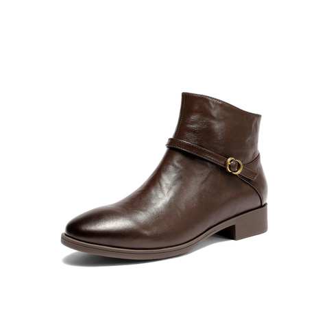 森达休闲靴女2025冬季新款真皮抓纹粗跟短皮鞋4T6C2DD5