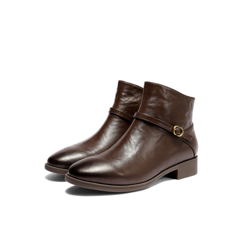 森达休闲靴女2025冬季新款真皮抓纹粗跟短皮鞋4T6C2DD5