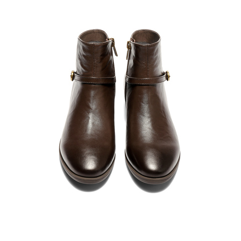 森达休闲靴女2025冬季新款真皮抓纹粗跟短皮鞋4T6C2DD5