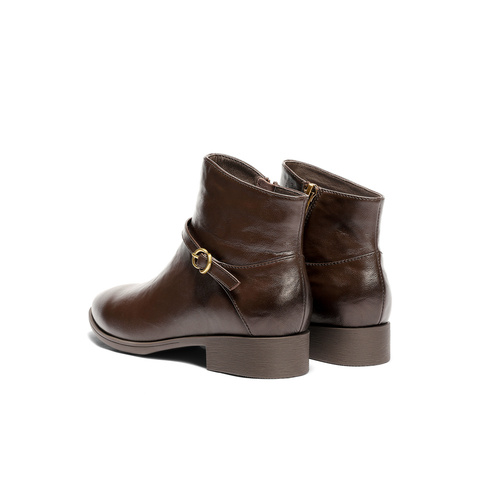 森达休闲靴女2025冬季新款真皮抓纹粗跟短皮鞋4T6C2DD5