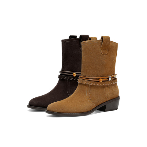 森达西部靴女2025冬新商场同款粗跟休闲骑士中筒靴XVW01DZ5