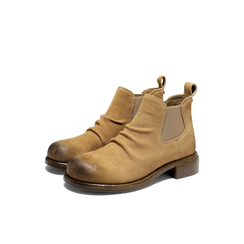 森达切尔西靴女2025冬新潮流褶皱休闲粗跟短靴ZTI39DD5