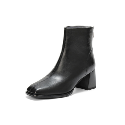 森达弹力靴女2025冬季新款气质方头粗高跟短靴ZTI16DZ5