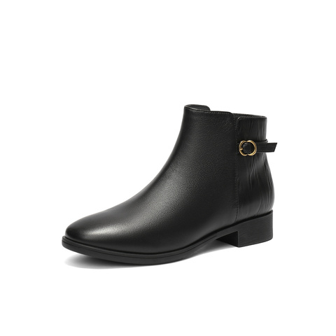 森达休闲靴女2025冬季新款商场同款百搭粗跟短皮鞋4T6B5DD5