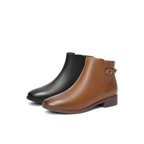 森达休闲靴女2025冬季新款商场同款百搭粗跟短皮鞋4T6B5DD5