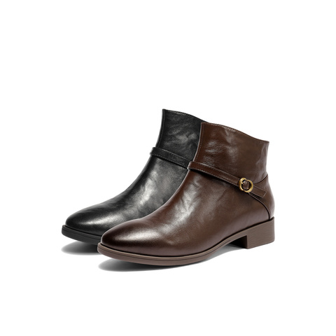 森达休闲靴女2025冬季新款真皮抓纹粗跟短皮鞋4T6C2DD5