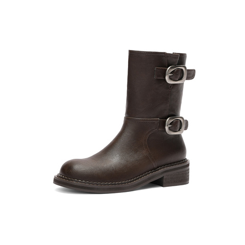 森达时装靴女2025冬新潮流皮带扣时尚户外中筒靴ZTI45DZ5