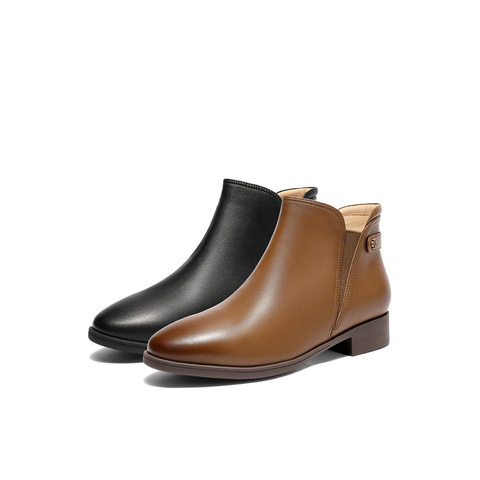 森达休闲靴女2025冬季新款时尚百搭粗跟短皮鞋4T6C1DD5