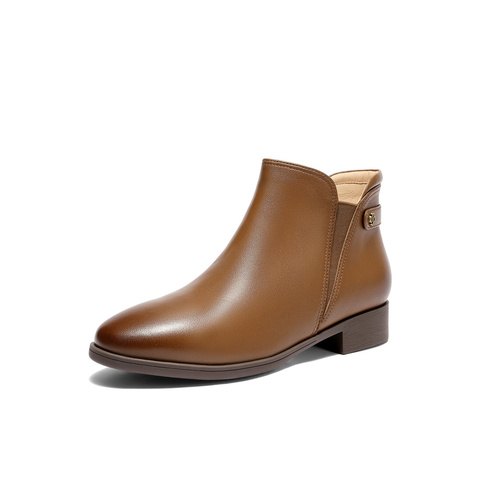 森达休闲靴女2025冬季新款时尚百搭粗跟短皮鞋4T6C1DD5