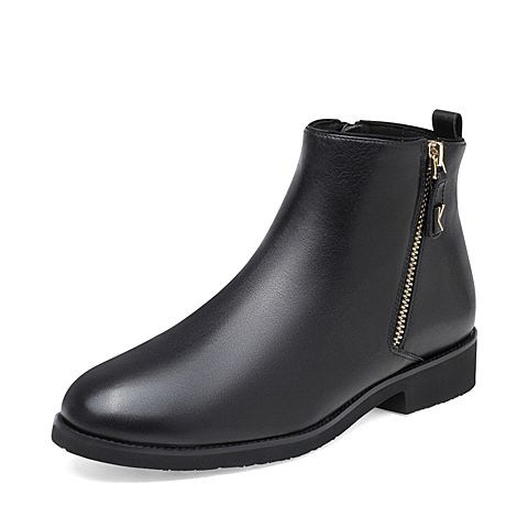 SKAP/圣伽步秋冬专柜同款黑色牛皮时尚简约方跟女短靴(绒里)10710851