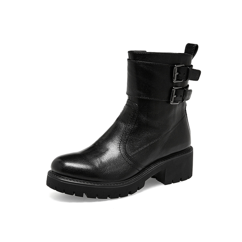 SKAP圣伽步2022冬季新款商场同款皮带扣粗跟女靴中筒靴AAH05DZ2